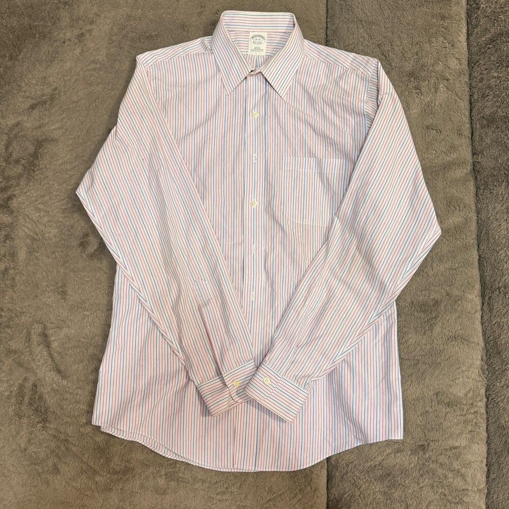 Brooks Brothers Dress Shirt Mens 16-35 White Red Blue Stripes Slim Fit Non Iron